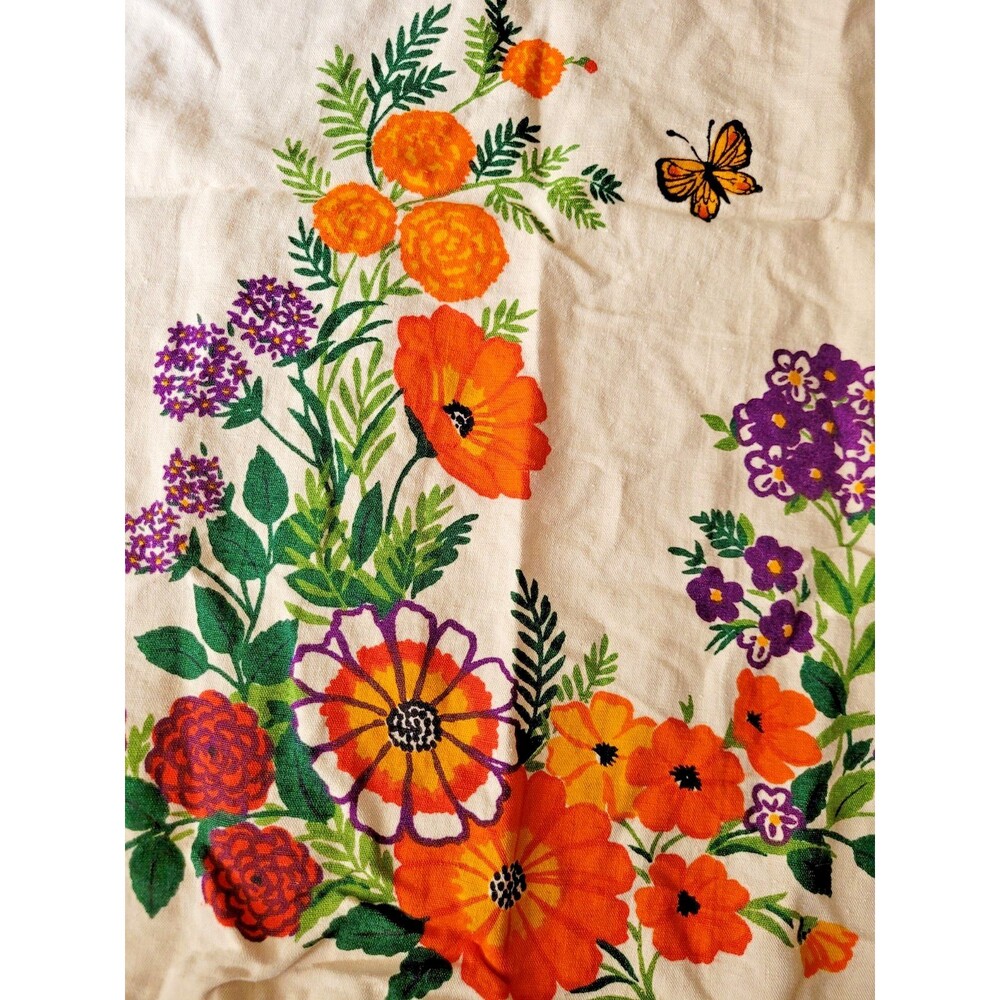 Vintage Linen Tea Towel Orange Flowers Monarch Butterfly 17" X 27"